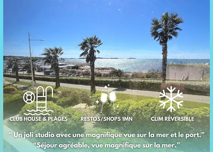 Charmant studio terrasse plage à 30m pleine vue mer et piscine, parking wifi gratuits
